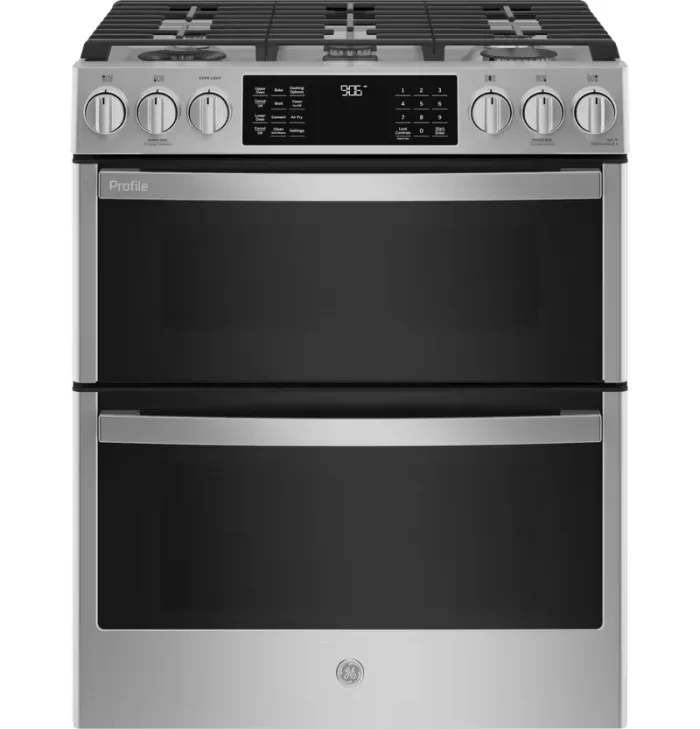 GE Profile™ 30" Smart Slide-In Front-Control Gas Double Oven Convection Fingerprint Resistant Range