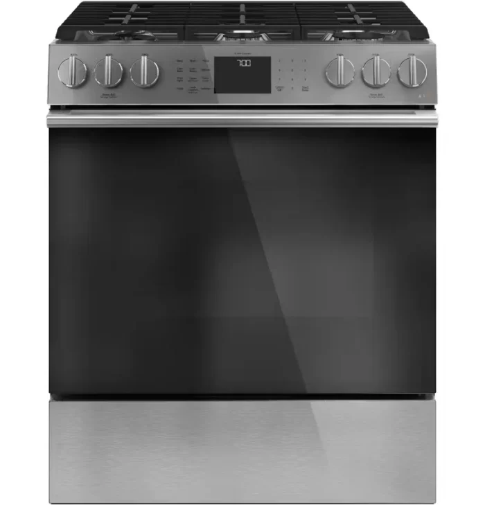 Café™ 30" Smart Slide-In, Front-Control, Gas Range with Convection Oven in Platinum Glass